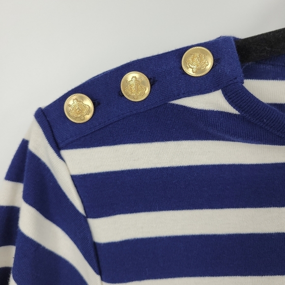 J.Crew Women Perfect-fit elbow-sleeve T-shirt in stripe with gold buttons Size L - Picture 3 of 11